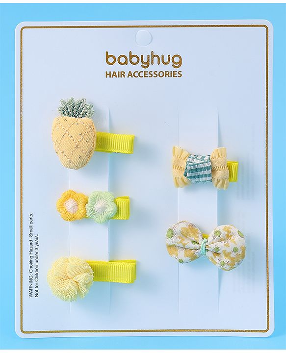 Babyhug Hair Pins And Clips with Floral & Bow Applique Free Size Pack of 5 - Yellow