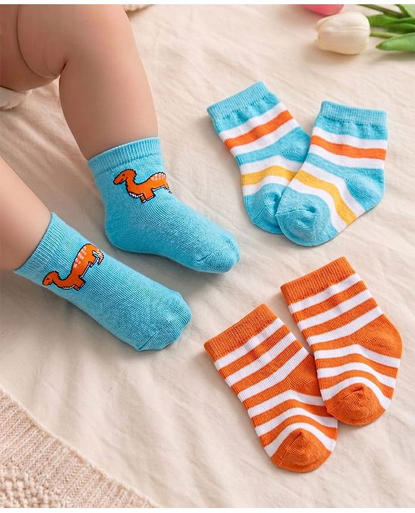 Cute Walk by Babyhug Cotton Knit Anti-Bacterial Ankle Length Dino & Stripe Designed Socks Pack of 3 - Orange & Blue