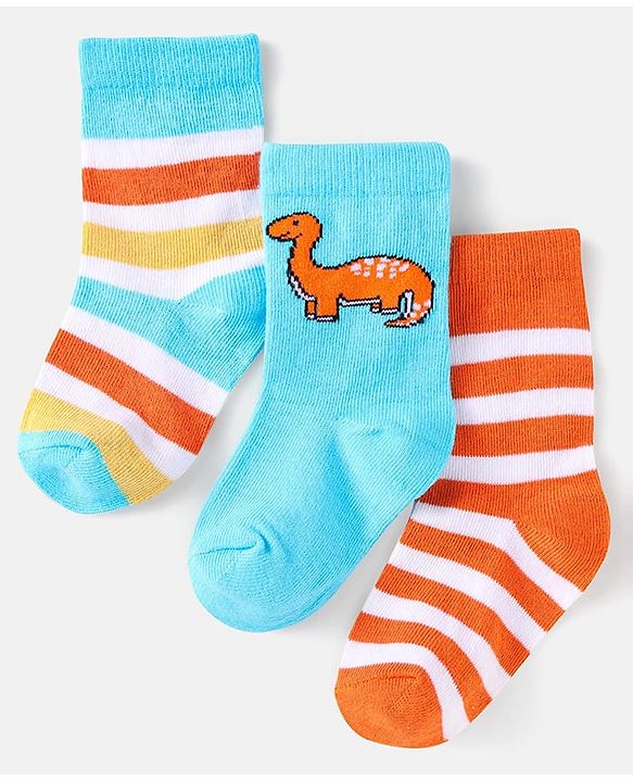 Cute Walk by Babyhug Cotton Knit Anti-Bacterial Ankle Length Dino & Stripe Designed Socks Pack of 3 - Orange & Blue