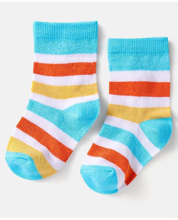 Cute Walk by Babyhug Cotton Knit Anti-Bacterial Ankle Length Dino & Stripe Designed Socks Pack of 3 - Orange & Blue