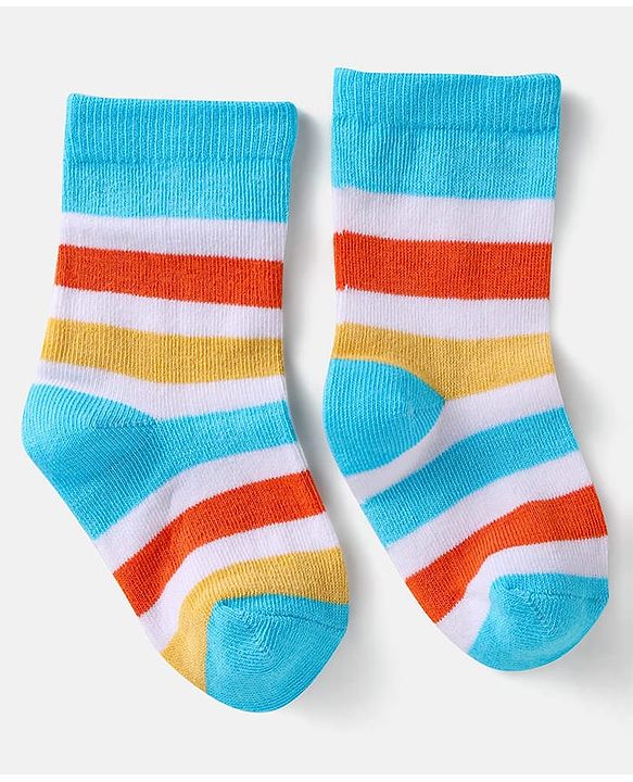 Cute Walk by Babyhug Cotton Knit Anti-Bacterial Ankle Length Dino & Stripe Designed Socks Pack of 3 - Orange & Blue