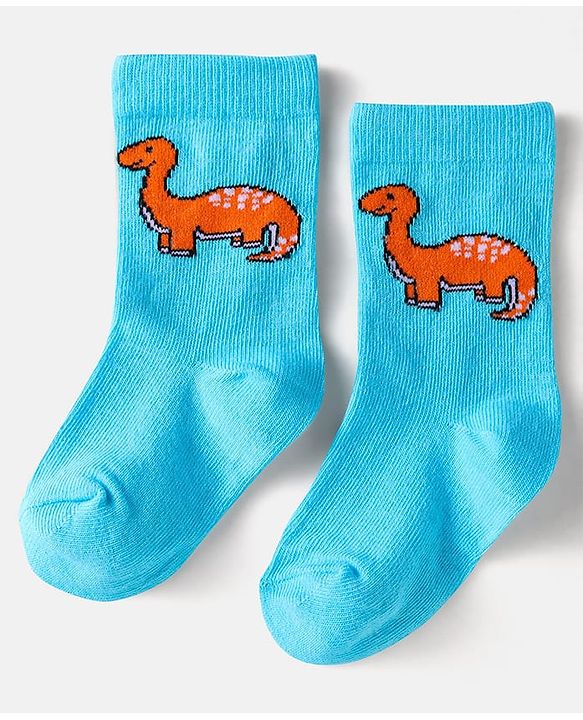 Cute Walk by Babyhug Cotton Knit Anti-Bacterial Ankle Length Dino & Stripe Designed Socks Pack of 3 - Orange & Blue