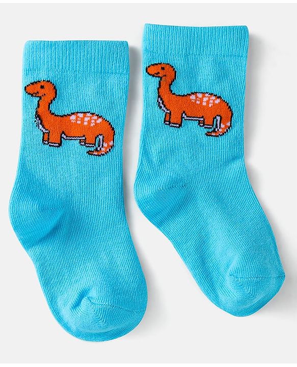 Cute Walk by Babyhug Cotton Knit Anti-Bacterial Ankle Length Dino & Stripe Designed Socks Pack of 3 - Orange & Blue