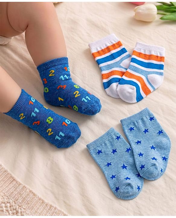 Cute Walk by Babyhug Cotton Lycra Knit Anti-bacterial Socks Strips Stars & Numeric Design Pack of 3 - Blue White & Light Blue
