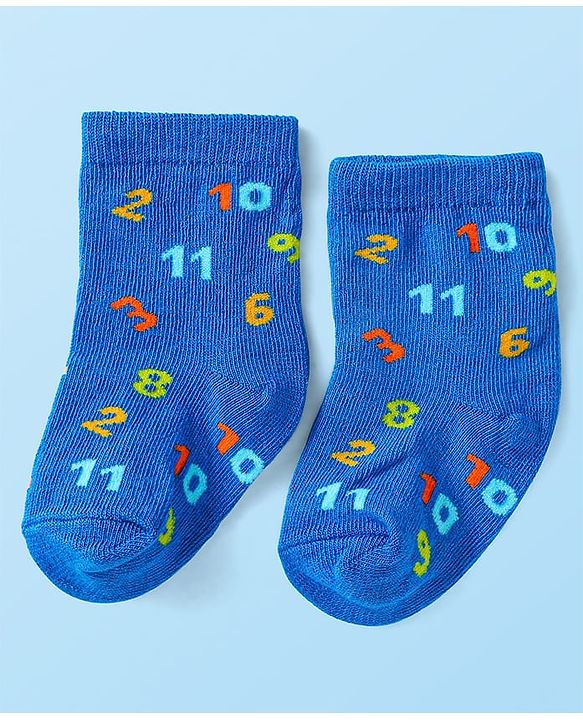 Cute Walk by Babyhug Cotton Lycra Knit Anti-bacterial Socks Strips Stars & Numeric Design Pack of 3 - Blue White & Light Blue
