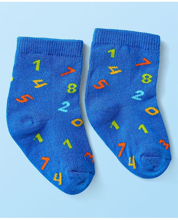Cute Walk by Babyhug Cotton Lycra Knit Anti-bacterial Socks Strips Stars & Numeric Design Pack of 3 - Blue White & Light Blue