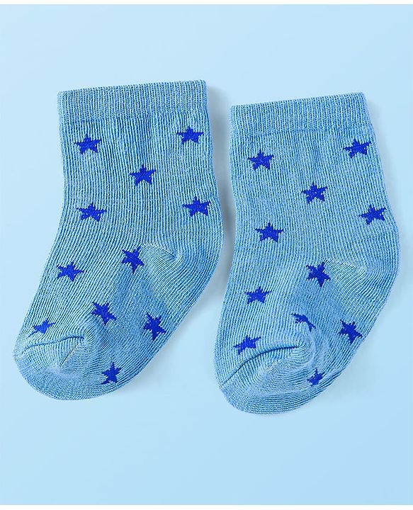 Cute Walk by Babyhug Cotton Lycra Knit Anti-bacterial Socks Strips Stars & Numeric Design Pack of 3 - Blue White & Light Blue