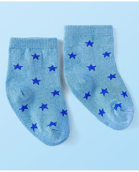 Cute Walk by Babyhug Cotton Lycra Knit Anti-bacterial Socks Strips Stars & Numeric Design Pack of 3 - Blue White & Light Blue