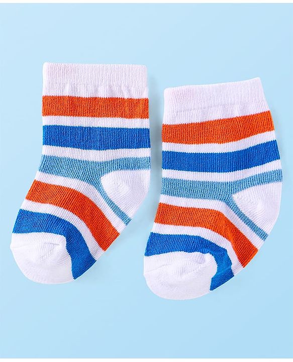 Cute Walk by Babyhug Cotton Lycra Knit Anti-bacterial Socks Strips Stars & Numeric Design Pack of 3 - Blue White & Light Blue
