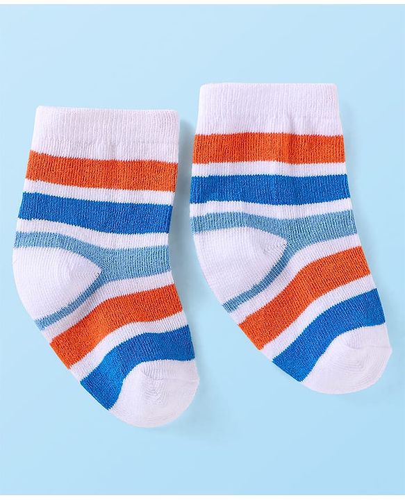 Cute Walk by Babyhug Cotton Lycra Knit Anti-bacterial Socks Strips Stars & Numeric Design Pack of 3 - Blue White & Light Blue