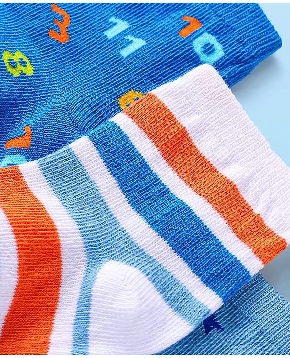 Cute Walk by Babyhug Cotton Lycra Knit Anti-bacterial Socks Strips Stars & Numeric Design Pack of 3 - Blue White & Light Blue