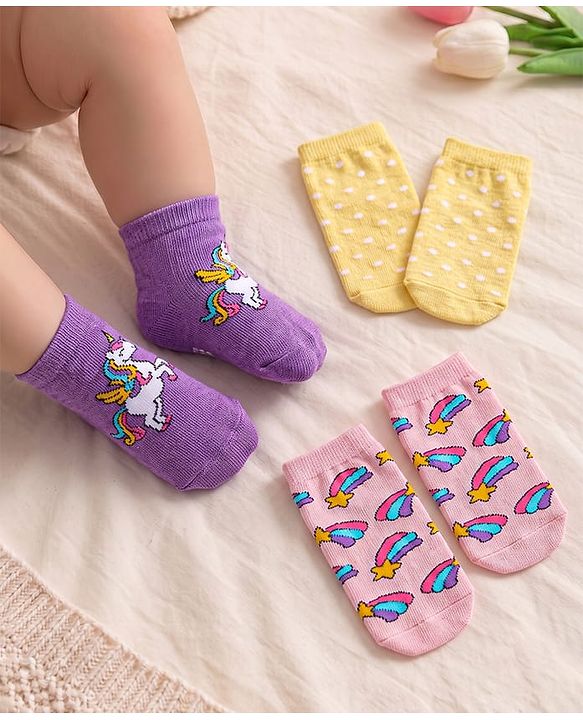 Cute Walk by Babyhug Knit Ankle Length Socks With Polka Dot & Unicorn Design - Yellow Purple & Pink