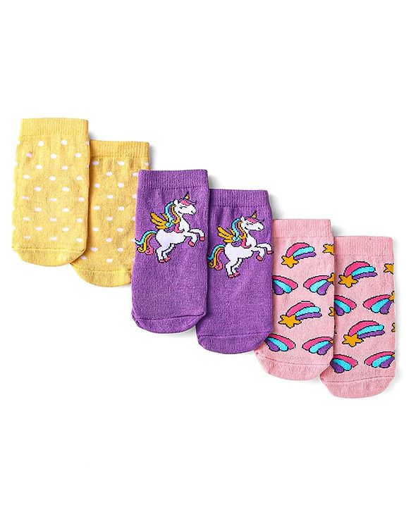 Cute Walk by Babyhug Knit Ankle Length Socks With Polka Dot & Unicorn Design - Yellow Purple & Pink