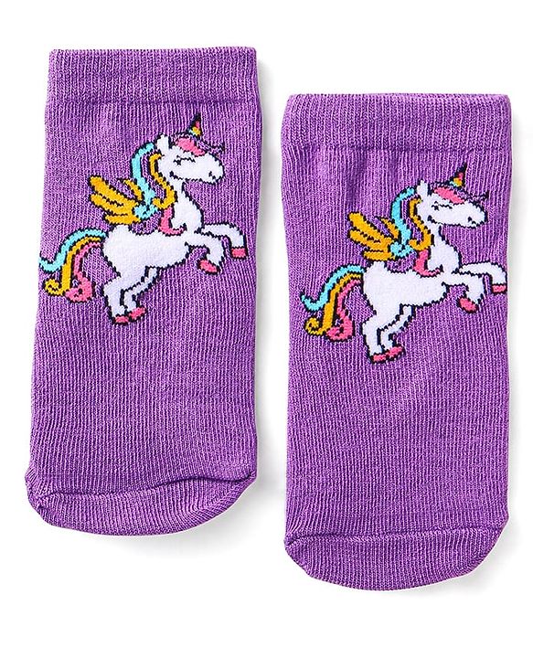 Cute Walk by Babyhug Knit Ankle Length Socks With Polka Dot & Unicorn Design - Yellow Purple & Pink