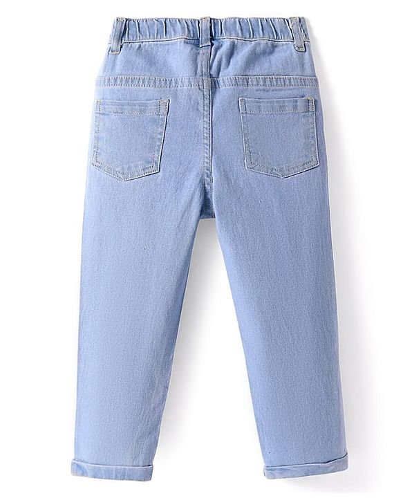 Babyhug Disney Knit Full Length Denim Jeans With Winnie The Pooh Graphics & Patch - Light Blue