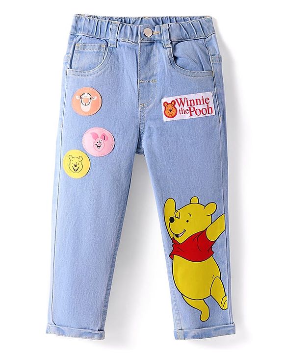 Babyhug Disney Knit Full Length Denim Jeans With Winnie The Pooh Graphics & Patch - Light Blue