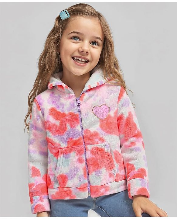Babyhug Cotton Knit Full Sleeves Heart Design Hooded Winter Jacket with Kangaroo Pockets - Pink