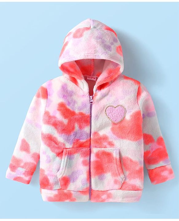 Babyhug Cotton Knit Full Sleeves Heart Design Hooded Winter Jacket with Kangaroo Pockets - Pink