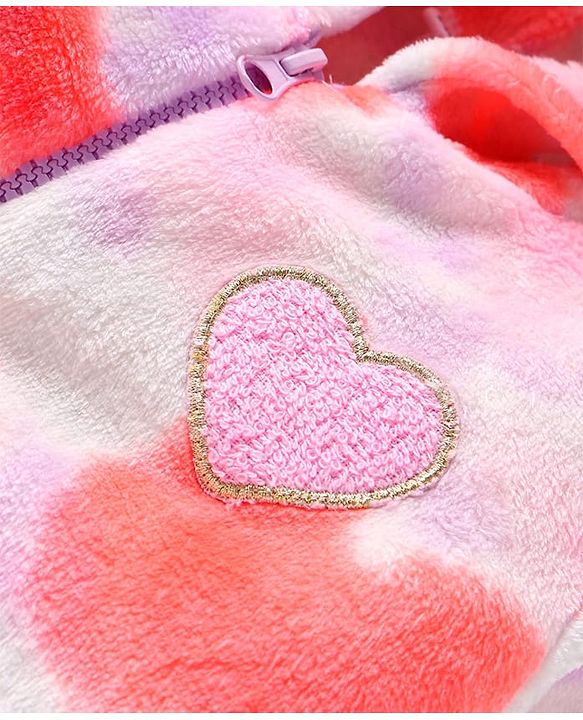 Babyhug Cotton Knit Full Sleeves Heart Design Hooded Winter Jacket with Kangaroo Pockets - Pink