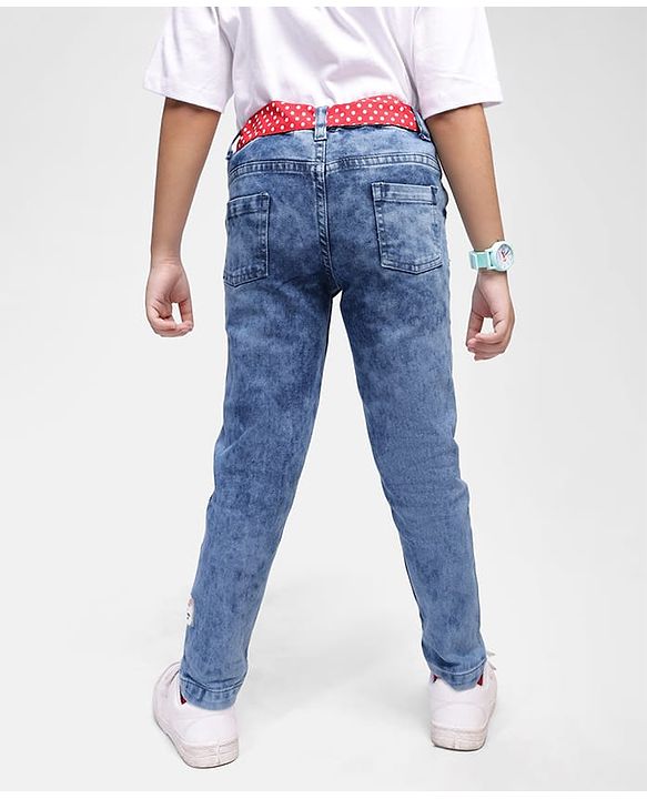 Babyhug Disney Knit Full Length Denim Jeans With Belt & Minnie Mouse & Friends Graphic - Blue