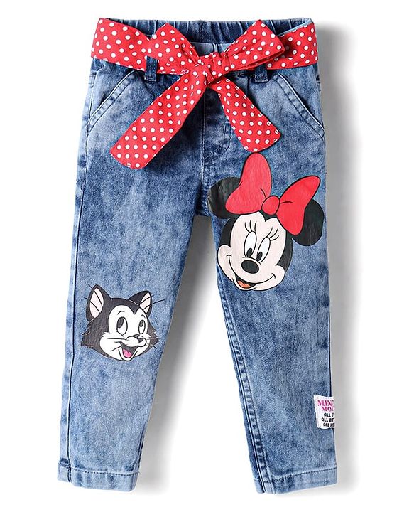 Babyhug Disney Knit Full Length Denim Jeans With Belt & Minnie Mouse & Friends Graphic - Blue