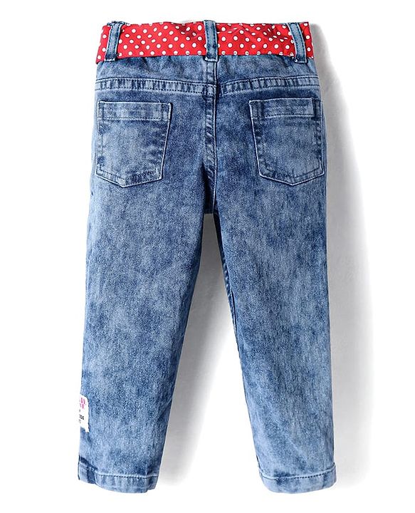 Babyhug Disney Knit Full Length Denim Jeans With Belt & Minnie Mouse & Friends Graphic - Blue