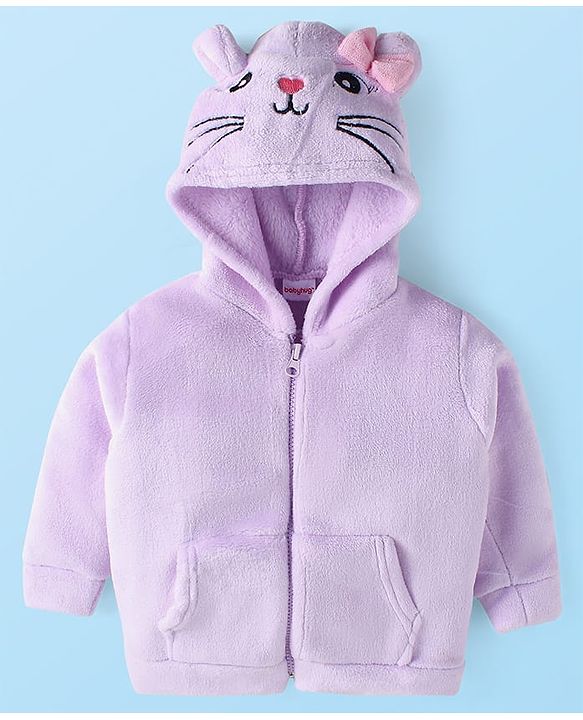 Babyhug Cotton Knit Full Sleeves Hooded Sweatjacket with Cat Print & Kangaroo Pockets - Lilac