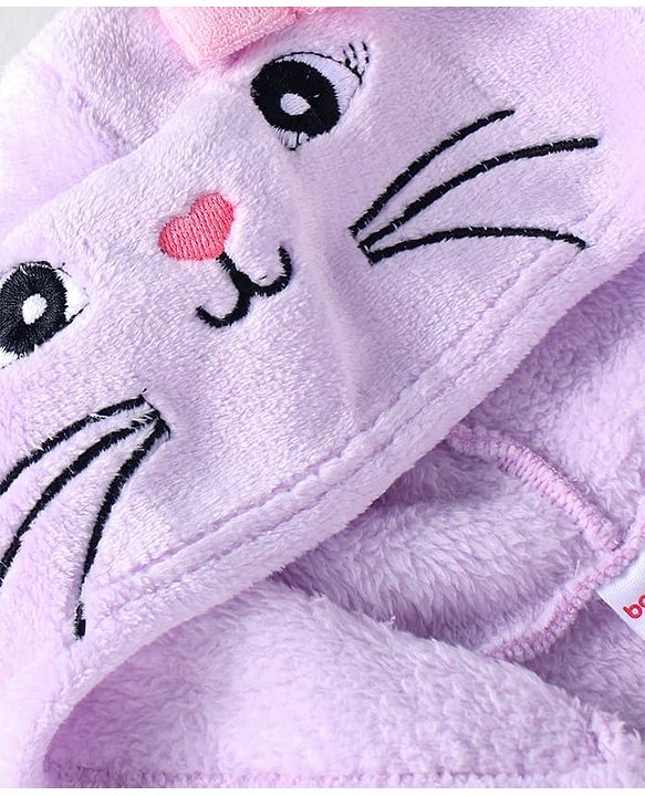Babyhug Cotton Knit Full Sleeves Hooded Sweatjacket with Cat Print & Kangaroo Pockets - Lilac