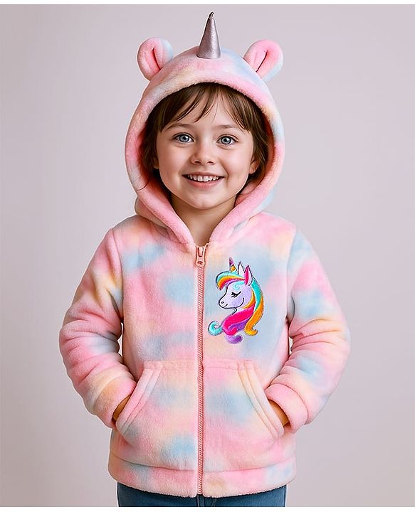Babyhug Cotton Knit Full Sleeves Unicorn Design Hooded Winter Jacket with Kangaroo Pockets - Pink