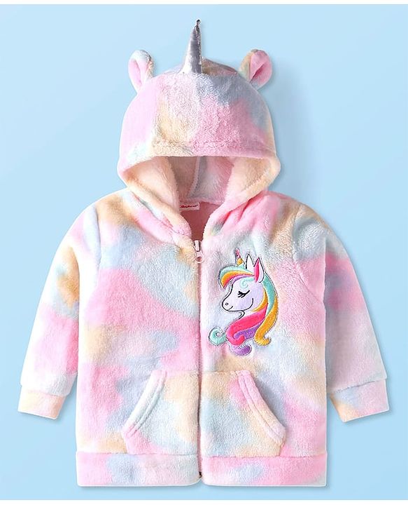Babyhug Cotton Knit Full Sleeves Unicorn Design Hooded Winter Jacket with Kangaroo Pockets - Pink