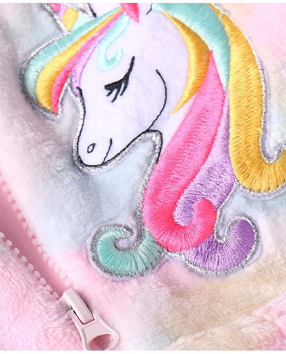 Babyhug Cotton Knit Full Sleeves Unicorn Design Hooded Winter Jacket with Kangaroo Pockets - Pink