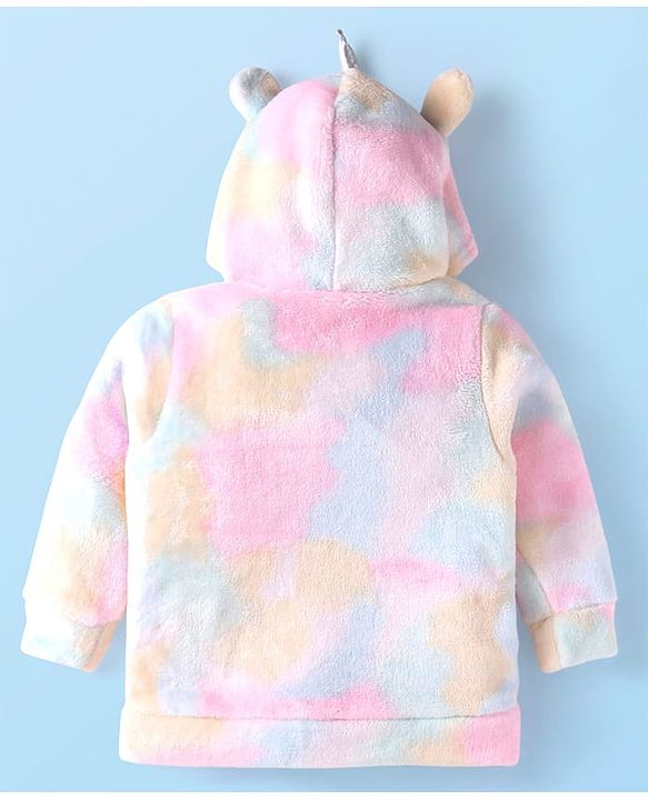 Babyhug Cotton Knit Full Sleeves Unicorn Design Hooded Winter Jacket with Kangaroo Pockets - Pink