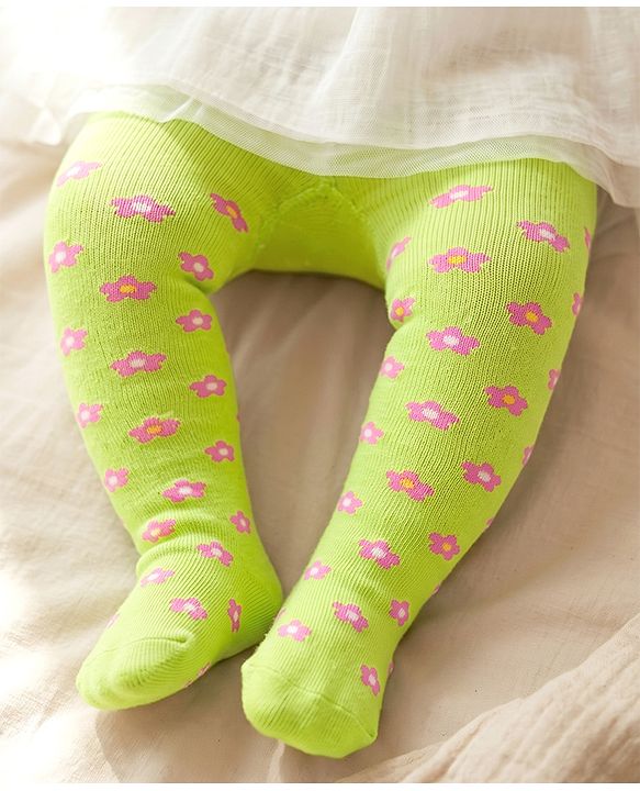 Cute Walk by Babyhug Cotton Elastane Antibacterial Footed Tights Floral Design - Neon Green