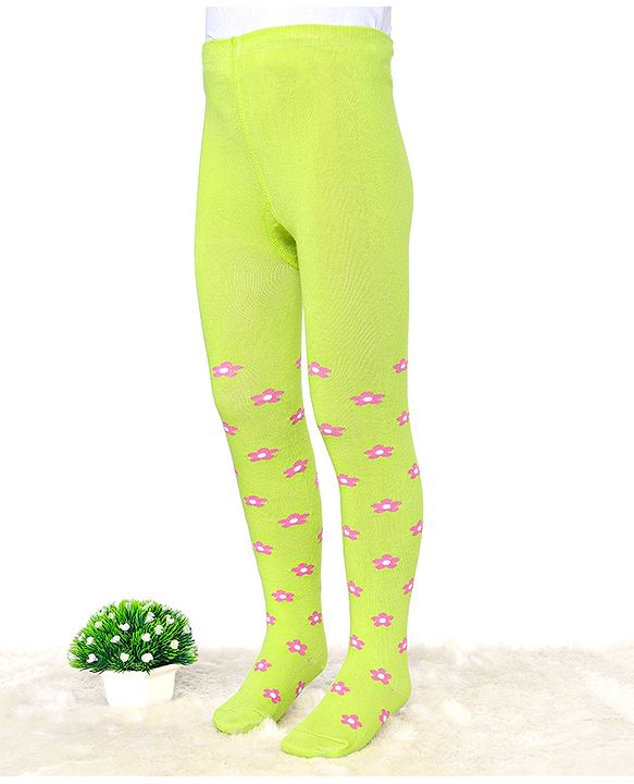 Cute Walk by Babyhug Cotton Elastane Antibacterial Footed Tights Floral Design - Neon Green