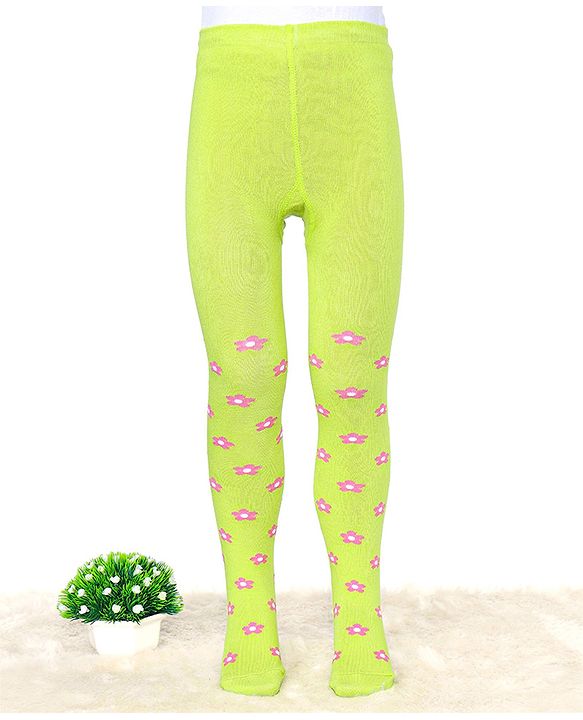 Cute Walk by Babyhug Cotton Elastane Antibacterial Footed Tights Floral Design - Neon Green