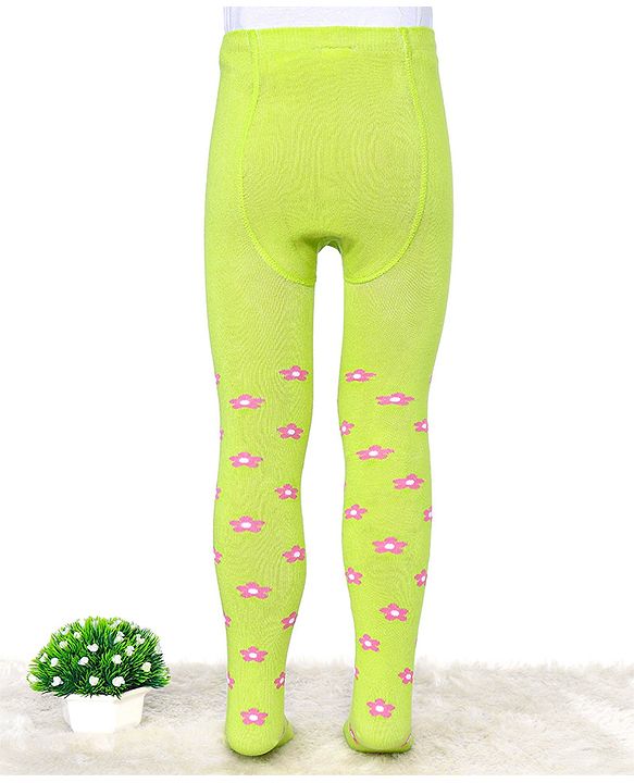 Cute Walk by Babyhug Cotton Elastane Antibacterial Footed Tights Floral Design - Neon Green