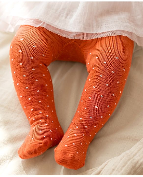 Cute Walk by Babyhug Knit Antibacterial  Footed Tights with Polka Dots Design - Orange