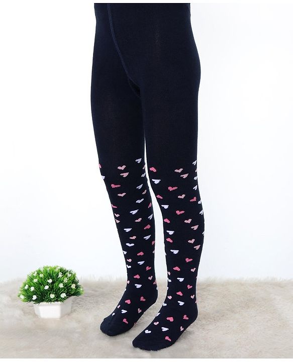 Cute Walk by Babyhug Cotton Elastane Knit Antibacterial Tights  Hearts Design - Navy Blue