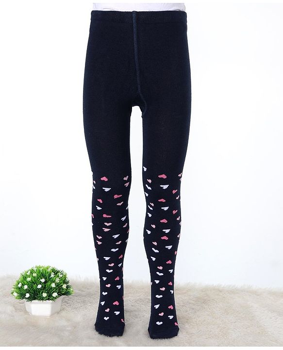 Cute Walk by Babyhug Cotton Elastane Knit Antibacterial Tights  Hearts Design - Navy Blue