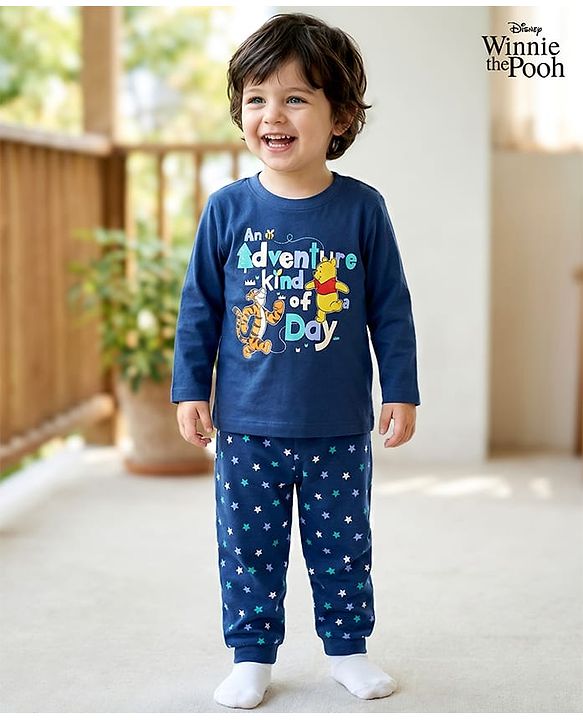 Babyhug Disney Single Jersey Knit Full Sleeves Night Suit with Winnie & Friends Graphics - Navy Blue
