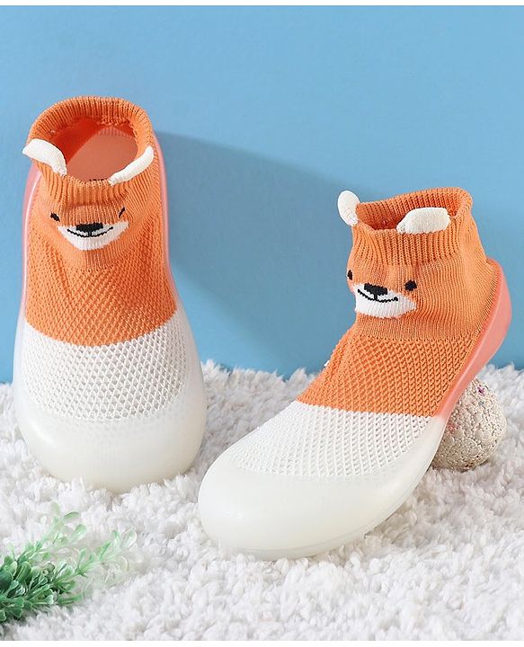 Cute Walk by Babyhug Slip On Socks Shoes Teddy Print -  Orange