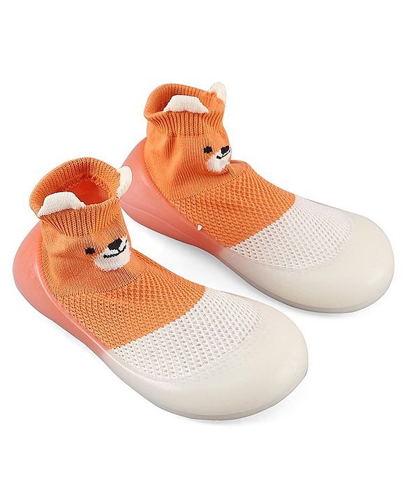 Cute Walk by Babyhug Slip On Socks Shoes Teddy Print -  Orange