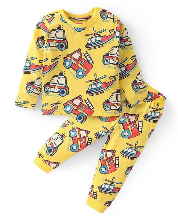 Babyhug Cotton Knit Full Sleeves Night Suit With Vehicles Print - Yellow