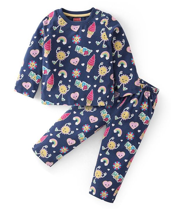 Babyhug Cotton Knit Full Sleeves Night Suit With Doodles & Hearts Print - Navy