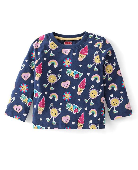 Babyhug Cotton Knit Full Sleeves Night Suit With Doodles & Hearts Print - Navy