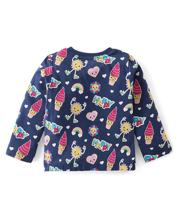 Babyhug Cotton Knit Full Sleeves Night Suit With Doodles & Hearts Print - Navy