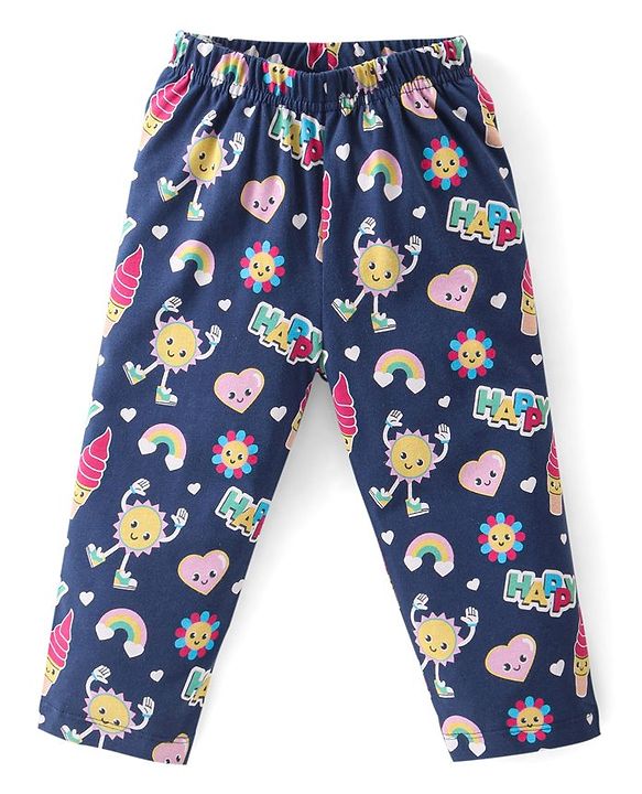 Babyhug Cotton Knit Full Sleeves Night Suit With Doodles & Hearts Print - Navy