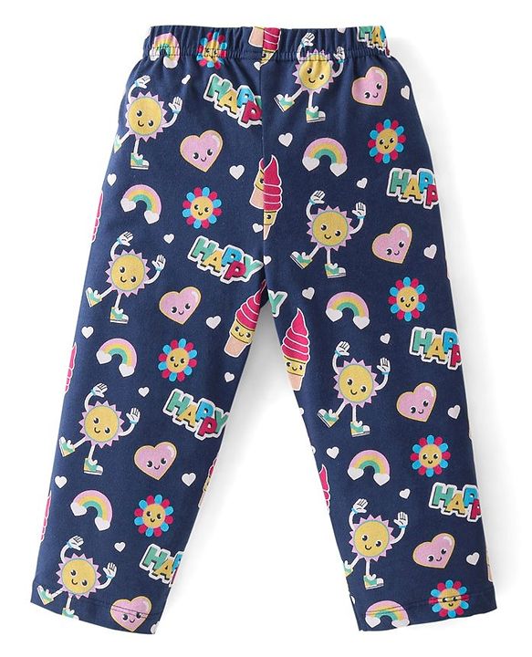Babyhug Cotton Knit Full Sleeves Night Suit With Doodles & Hearts Print - Navy