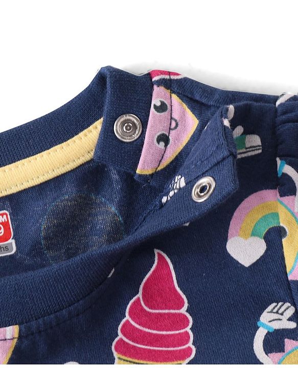 Babyhug Cotton Knit Full Sleeves Night Suit With Doodles & Hearts Print - Navy