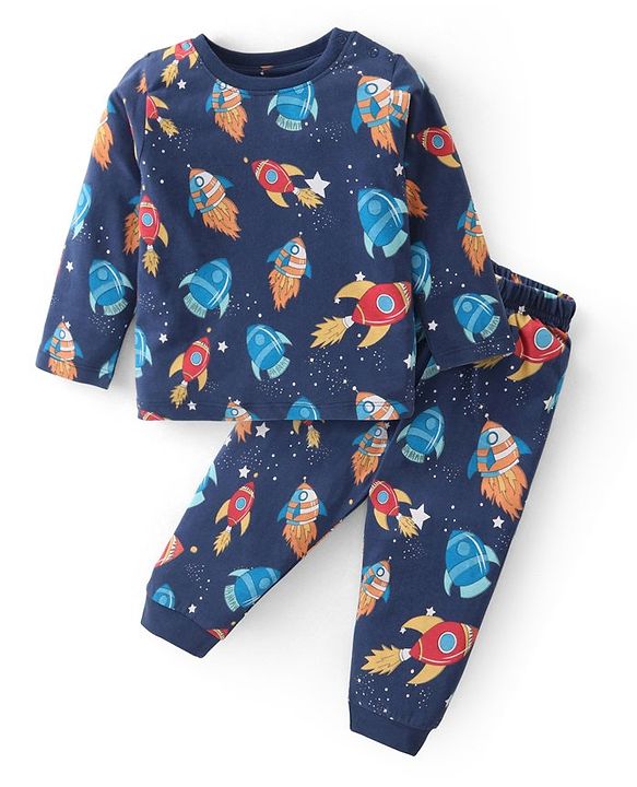 Babyhug Cotton Knit Full Sleeves Night Suit With Space Rockets Print - Navy
